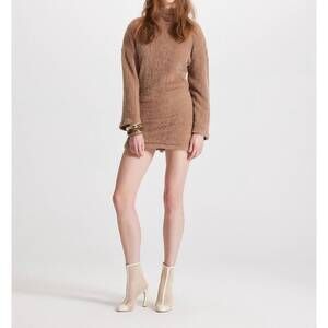 NEW THEO THE LABEL carme plush lace sweatshirt dress in cappuccino